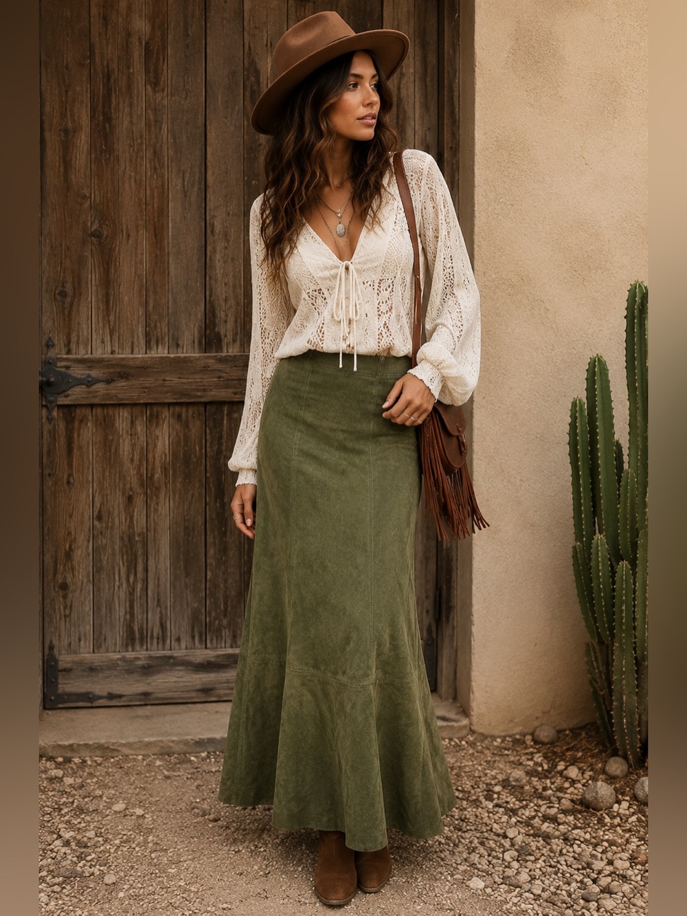 Karen Kane Olive Green Suede Leather Maxi Skirt – Size 8 - Picture 1 of 8